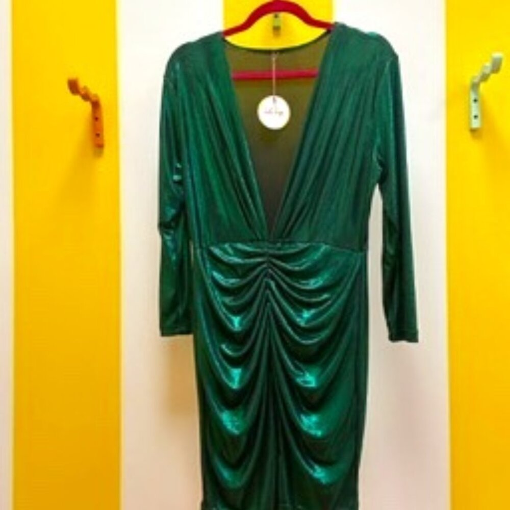 Green Metallic Drape Dress with Deep V Neck Mini Size Medium